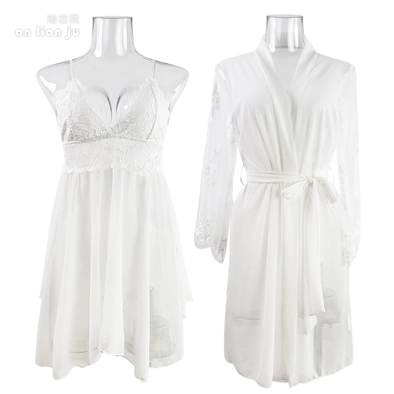 Kimono Sheer Floral - Ensemble de Nuit Blanc pour Femme,