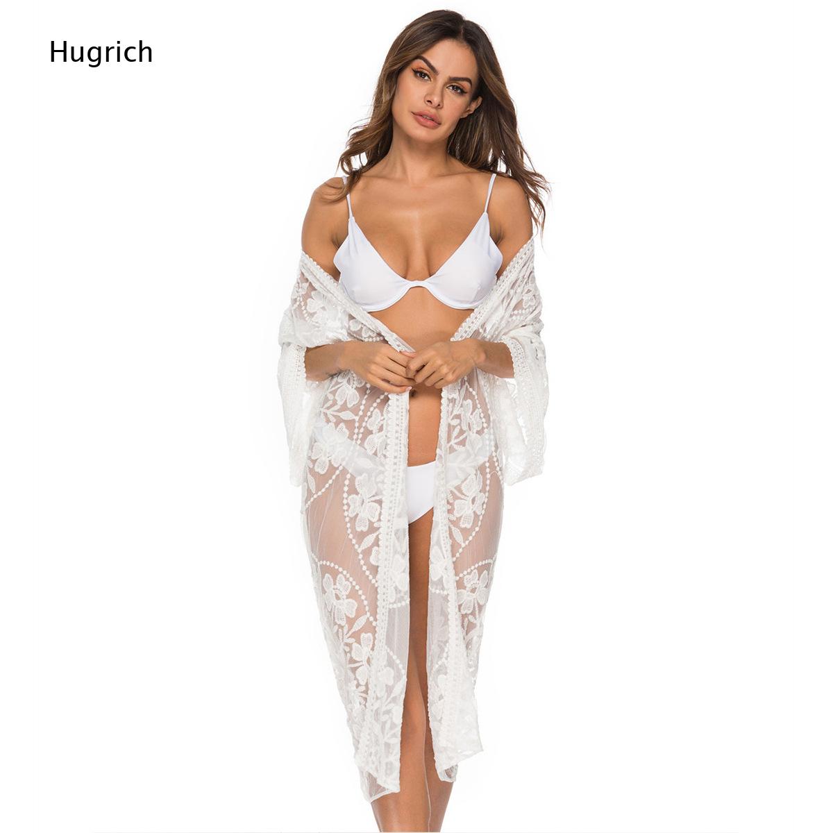 Kimono Sheer Floral - Kimono long blanc uni en dentelle